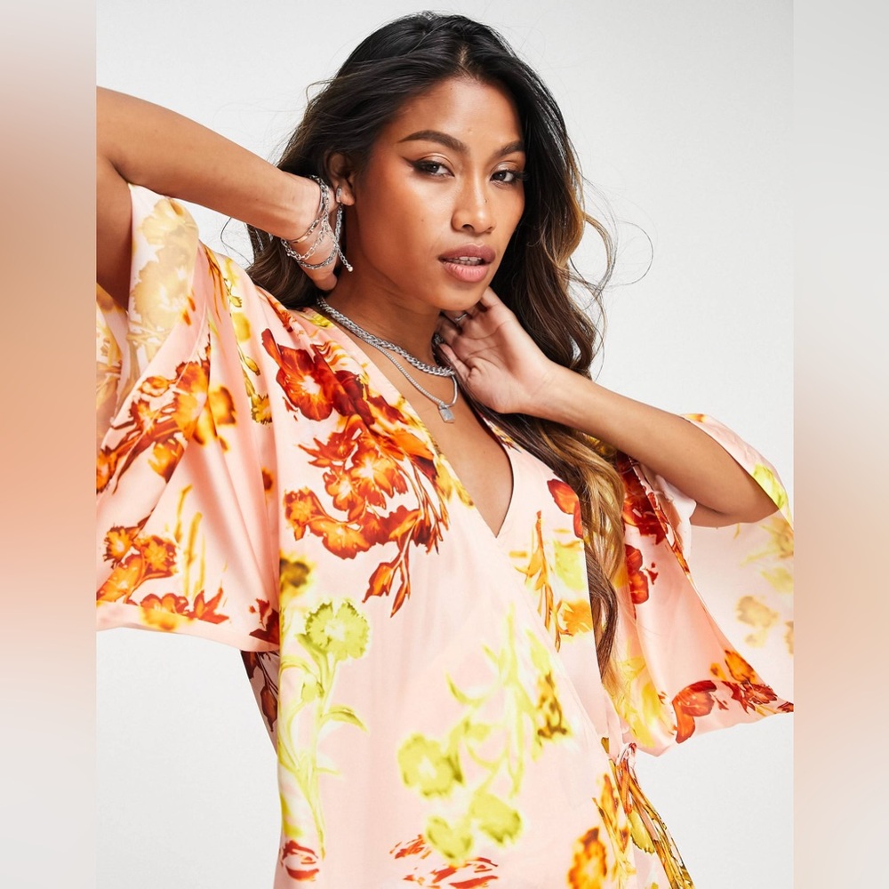 TOPSHOP Kimono Midi Wrap Dress in Floral Print Multi - Size 6 - Picture 2 of 9
